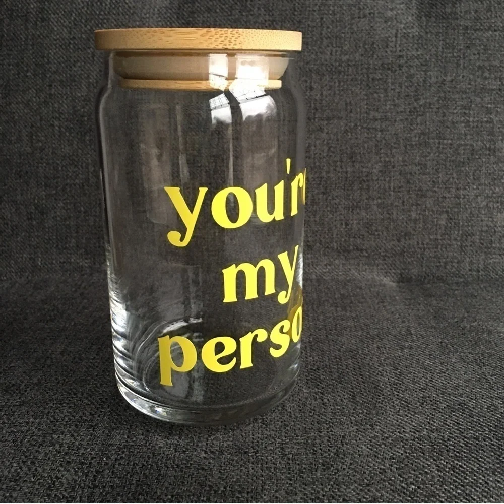 LAST CHANCE! “you’re my person” Glass Cup with Wooden Seal Top, Clear, Yellow
